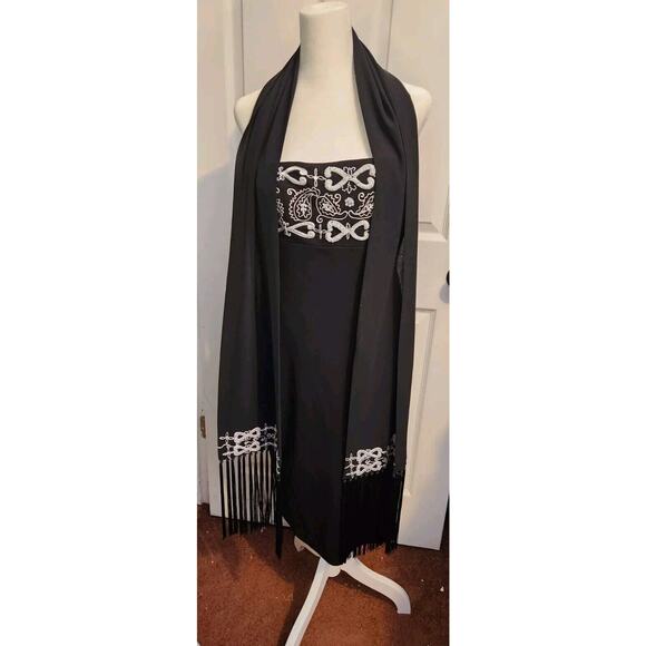 Vtg Cache 90s Y2K Silk Floral Beaded Midi Matching Scarf Black Slip Dress Sz 12 - Picture 1 of 11